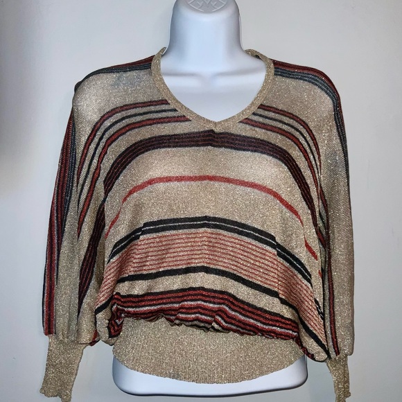 Vintage Metallic Gold/Red/Black Striped V-Neck Sweater Sz M - Picture 2 of 7